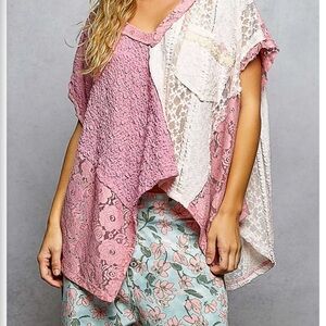 POL Pink Lace Patchwork Boho Blouse